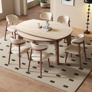 大象腿餐桌黑胡桃色法式中古风新款洞石岩板伸缩实木餐桌可变圆桌