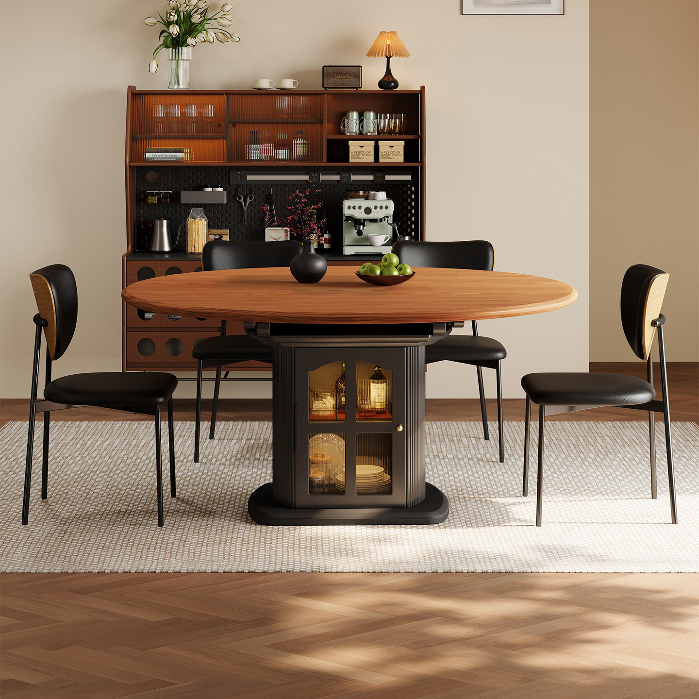 黑色复古风可伸缩实木岩板餐桌可变圆桌法式中古风多功能带储物柜,住宅家具,岩板餐桌,淘宝优惠券,粉丝福利购,淘宝优惠卷