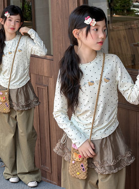 甜美kitty猫满印爱心波点打底衫女童春秋款韩版拼接花边裙裤套装