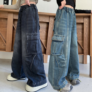 裤 重工街头裤 秋季 洋气炸街阔腿弯刀裤 子 大童多口袋牛仔裤 女童工装