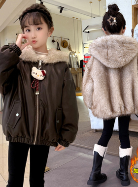 女童双面穿加绒皮衣外套冬季新款洋气儿童皮毛一体加厚派克服棉衣