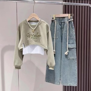 女童卫衣工装牛仔裤套装2024春季新款洋气设计感背心短上衣三件套