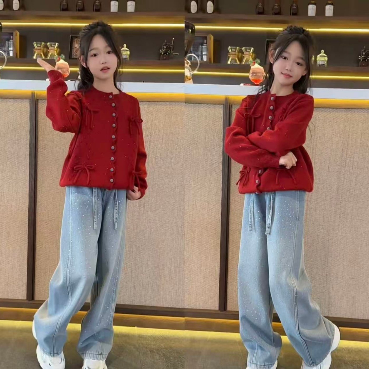 女童波浪边亮片开衫毛衣套装2026新款满天星烫钻拼接牛仔弯刀裤潮,童装/婴儿装/亲子装,套装,淘宝优惠券,粉丝福利购,淘宝优惠卷