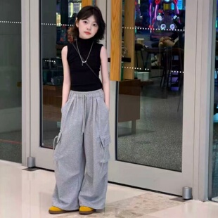 女童针织高腰大口袋阔腿拖地裤黑色无袖打底衫夏季2026潮酷两件套
