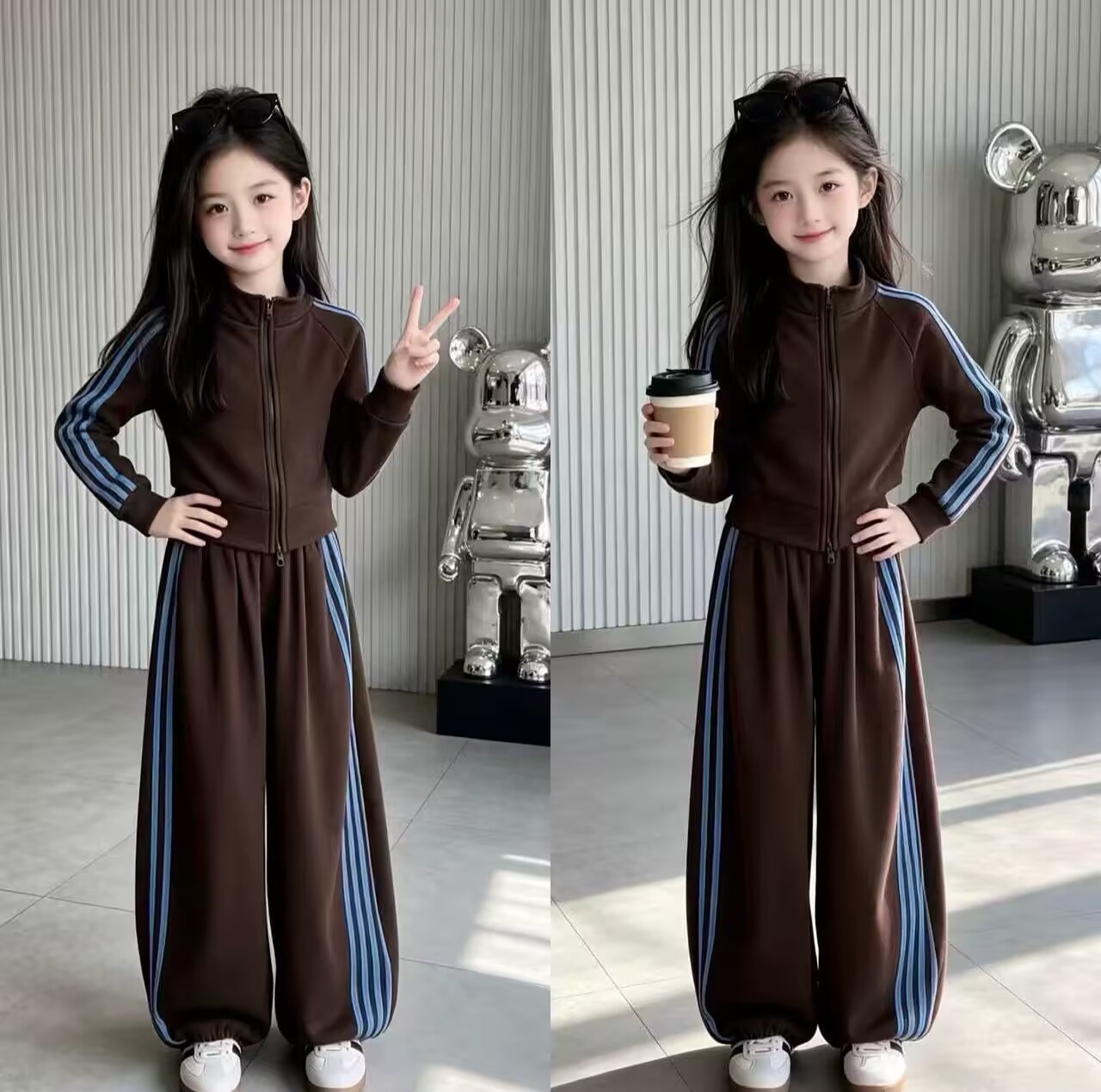 【直播网红款】美式撞色拉条套装女童春秋休闲拼接条纹上衣阔腿裤图片