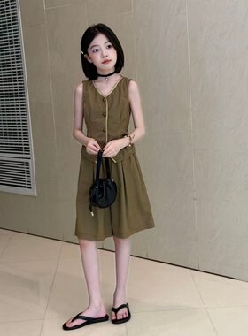 女童夏季新款韩系复古咖色无袖马甲裙裤套装中大童收腰阔腿七分裤