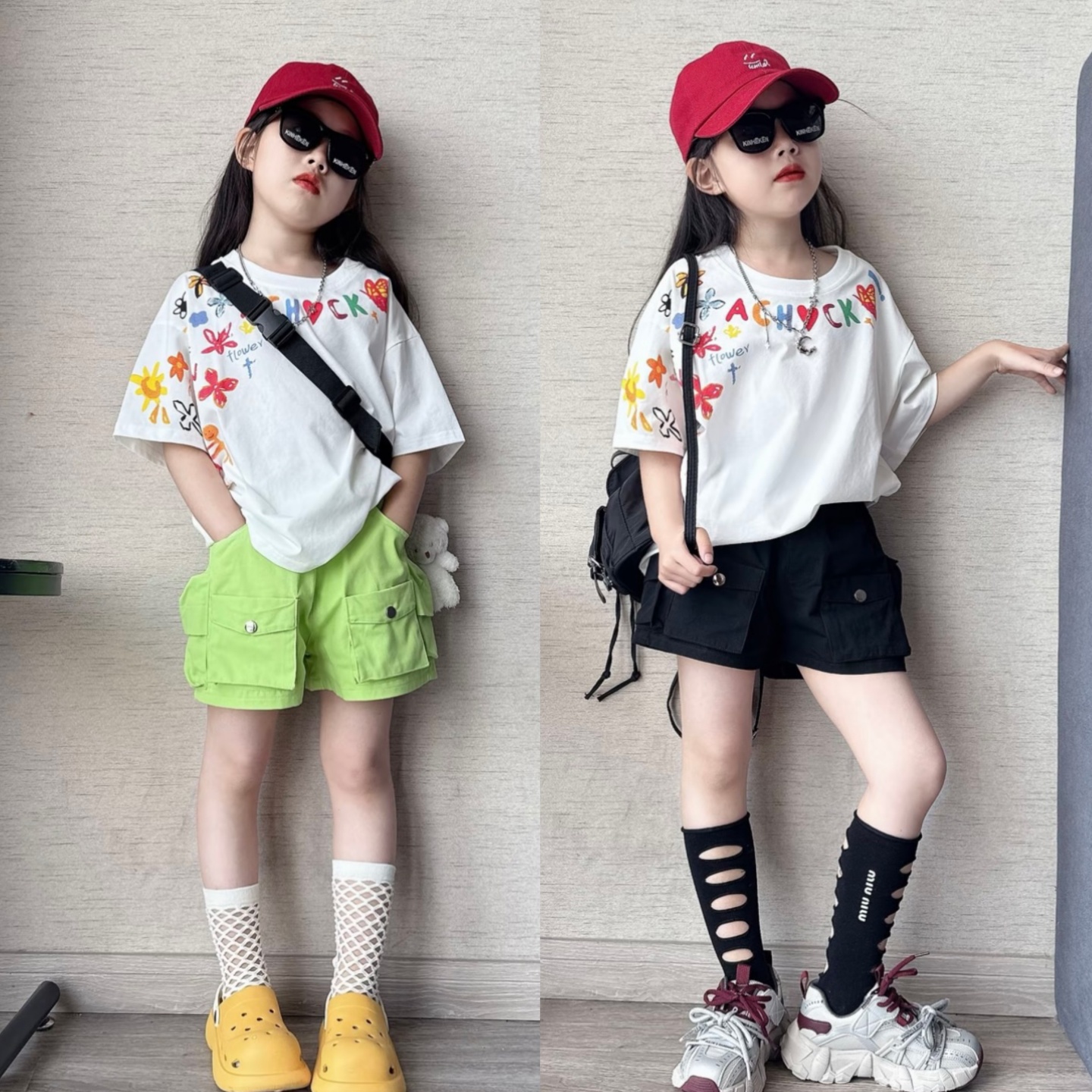 女童夏季彩色涂鸦短袖T恤套装中大童韩版百搭工装短裤休闲两件套