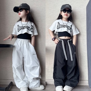 套装 女童夏季 三件套中大童蕾丝拼接速干阔腿裤 露腰爵士舞短袖 短款