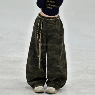 迷彩裤女童带腰带弯刀裤秋季女孩休闲长裤宽松大童炸街网红阔腿裤