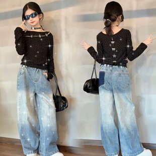 甜酷女童满钻正反两穿镂空上衣春秋2026超好看牛仔阔腿裤两件套潮