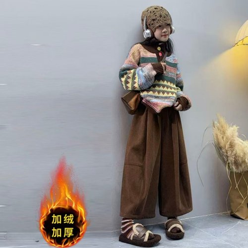 女童彩色扣子高领针织毛衣套装秋冬新款时髦儿童复古灯芯绒花苞裤