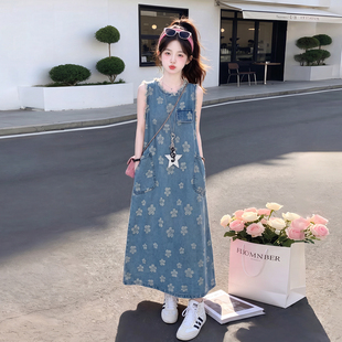 复古牛仔提花无袖连衣裙女童夏季宽松大口袋背心裙休闲文艺长裙子