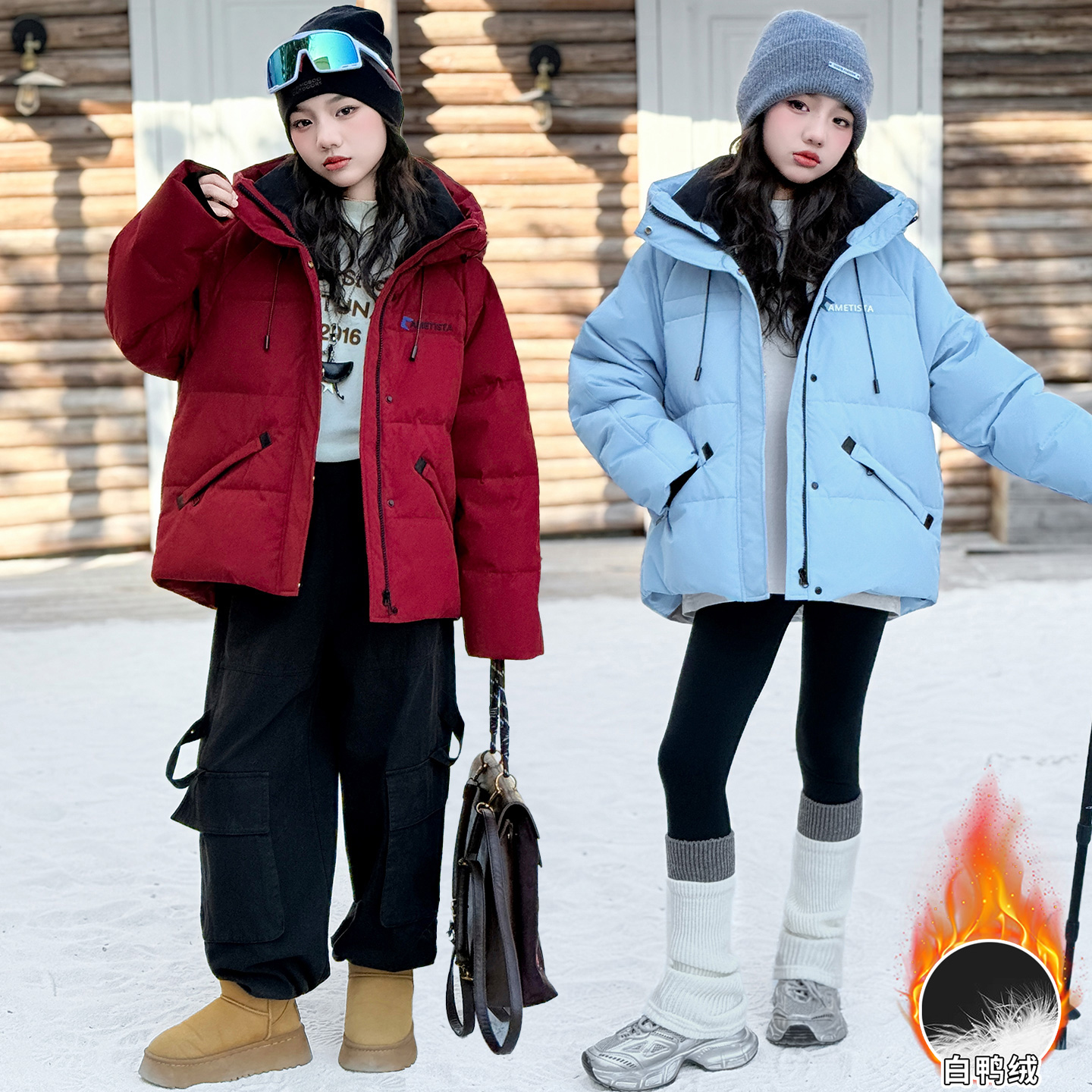 女童工装羽绒服2025冬季新款大儿童三防保暖外套初中生红色冲锋衣