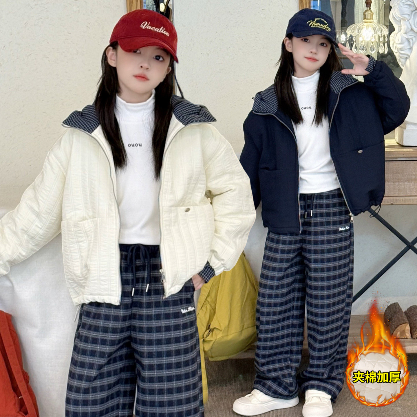 女童轻薄棉服秋冬新款洋气中大童设计感撞色格纹连帽夹棉棉衣外套