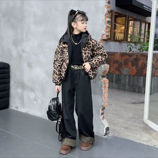 女童豹纹棉服冬季大童两面穿面包服保暖洋气连帽网红棉衣棉袄冬装