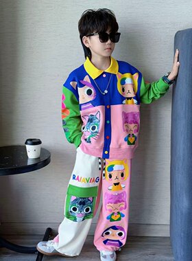 春秋个性拼接撞色卡通猫咪印花长袖卫衣外套男童直筒裤休闲两件套