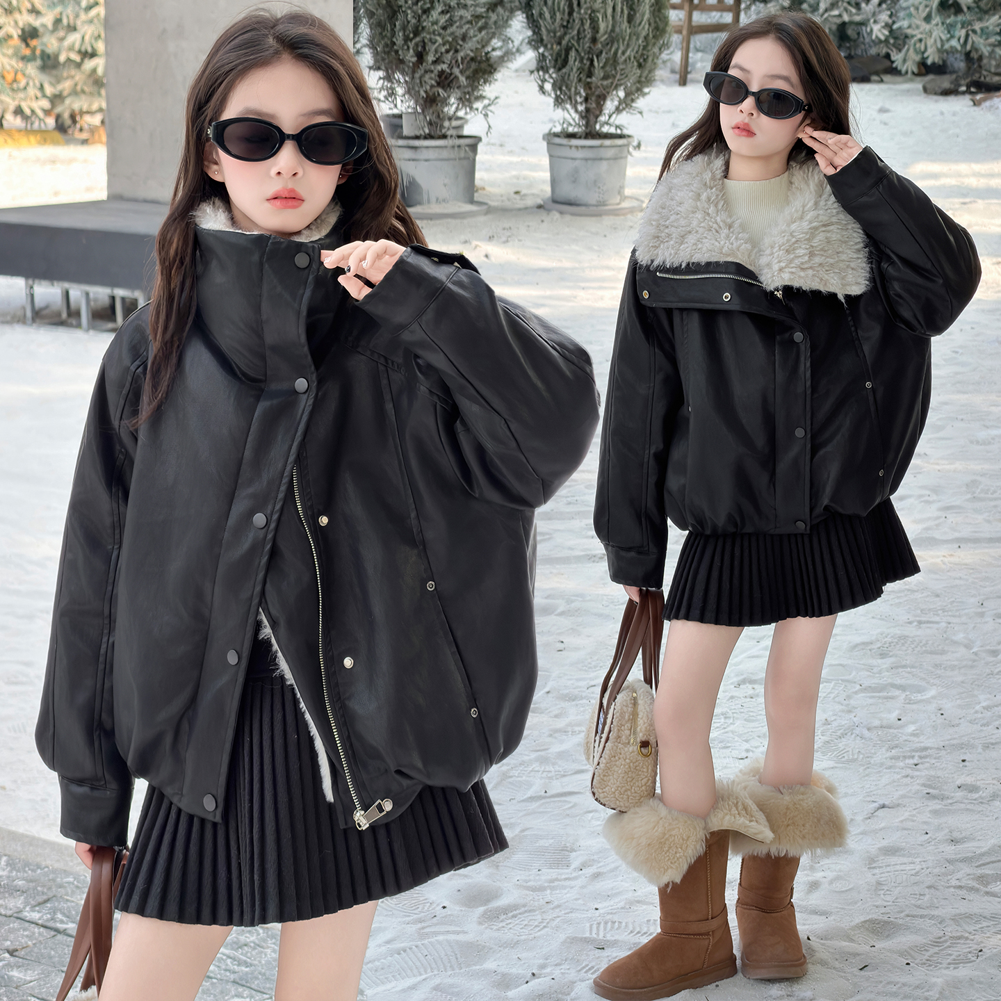 羊羔毛大翻领皮夹克外套女童秋冬新款慵懒显瘦廓形黑色加厚机车服