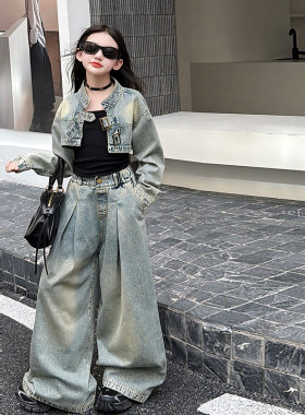 设计感个性超短牛仔外套女童2026春秋新款百搭辣妹夹克阔腿裤套装