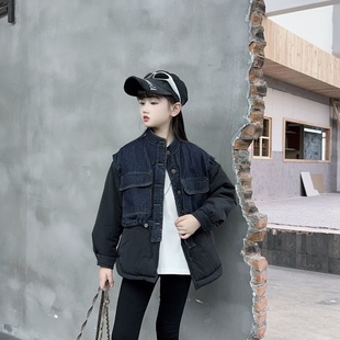 牛仔拼接假两件棉衣女童复古百搭休闲宽松棉服冬季新款慵懒风外套