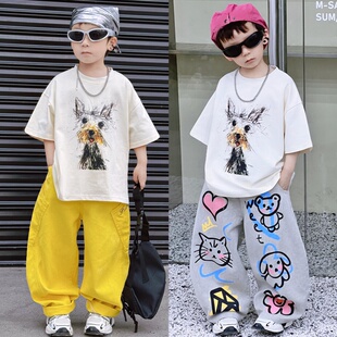 男女童设计感素描狗印花宽松短袖T恤夏新款洋气中大童弯刀裤套装