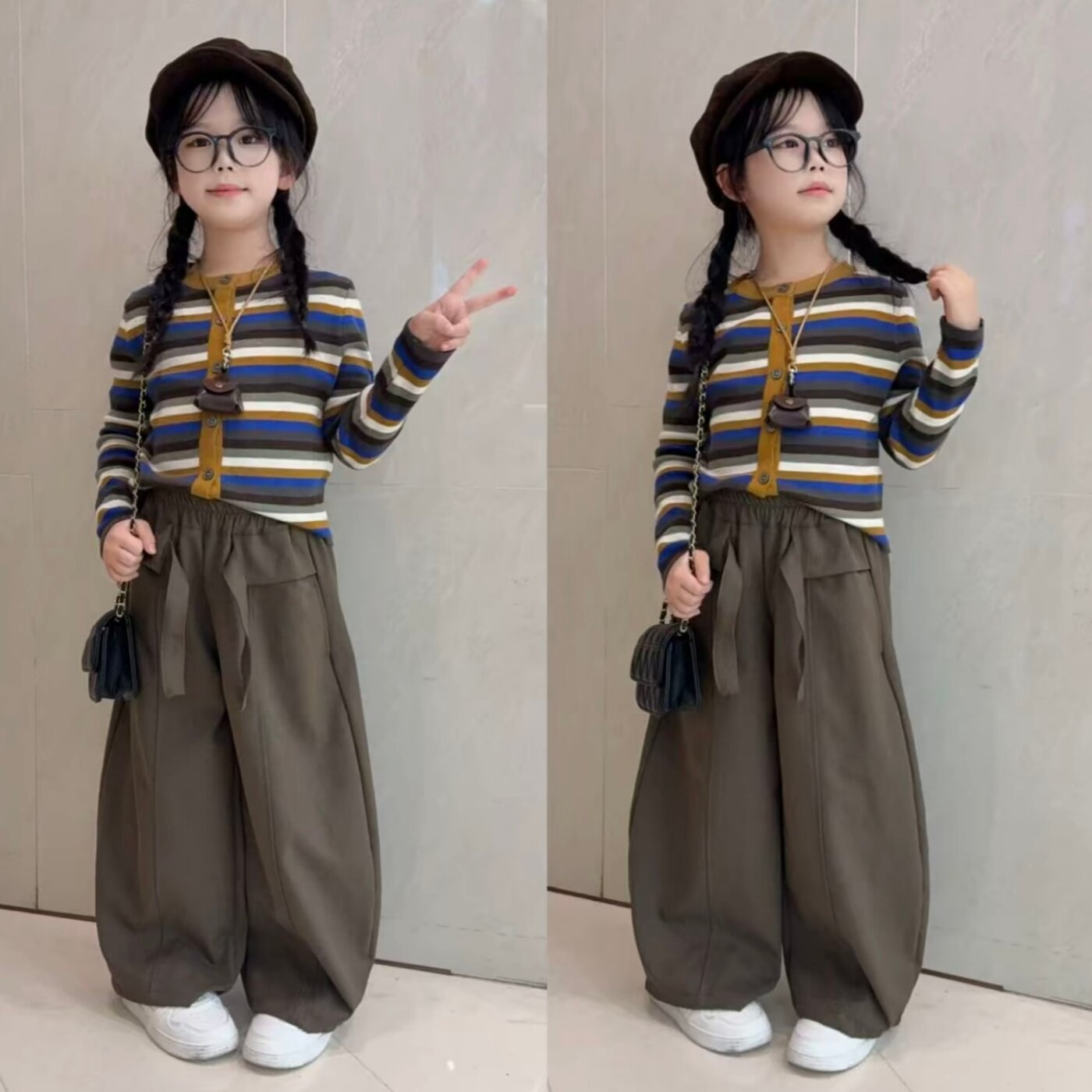 韩版女童春秋套装时髦洋气中大童复古条纹上衣屁帘阔腿裤两件套潮图片