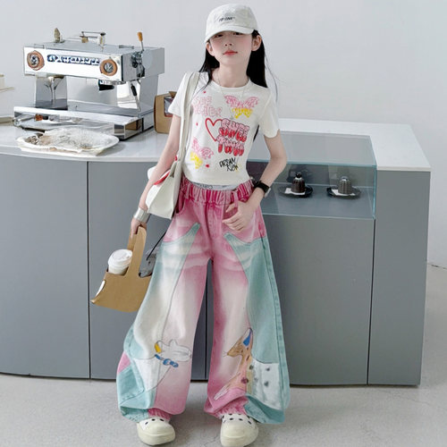 美式复古涂鸦印花短袖T恤女童夏季新款粉色渐变弯刀牛仔裤两件套