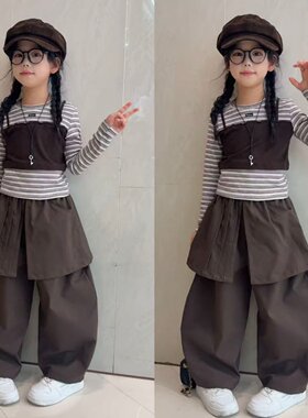 女童拼色条纹假两件上衣春秋2026新款韩系中大童屁帘阔腿裤两件套