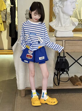 夏日松弛感穿搭女童长袖宽松条纹卡通T恤休闲风防晒衣短裤两件套