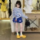夏日松弛感穿搭女童长袖 两件套 宽松条纹卡通T恤休闲风防晒衣短裤