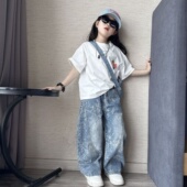 男女童休闲潮酷提花牛仔弯刀裤 洋气中大童百搭宽松短袖 T恤两件套