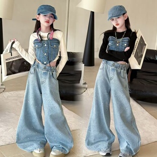 设计感爱心牛仔拼接上衣女童春秋2026新款网红烫钻牛仔阔腿裤套装