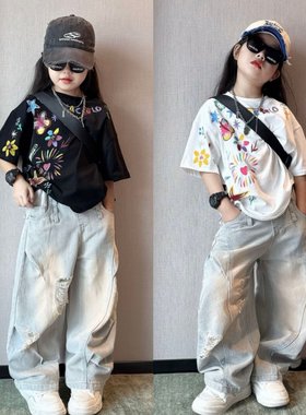 痞帅潮酷男女童薄款牛仔破洞弯刀裤中大童韩版蝴蝶绘画短袖两件套