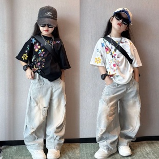 蝴蝶绘画短袖 中大童韩版 两件套 牛仔破洞弯刀裤 痞帅潮酷男女童薄款