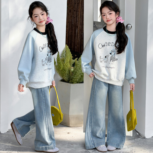 女童春秋卫衣套装2026新款中大童休闲卡通动物图案上衣牛仔裤两件
