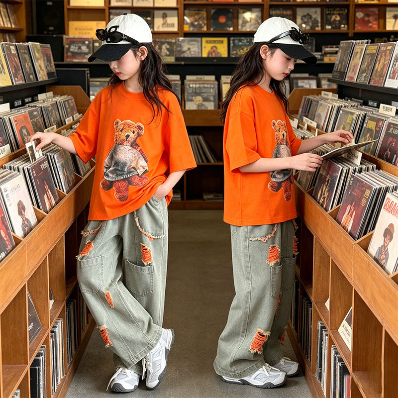 橘色汽水多巴胺穿搭休闲运动套装女童夏季小熊短袖T牛仔裤两件套