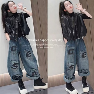 潮酷女童黑色皮马甲套装春秋新款洋气时髦中大童坎肩背心外套上衣