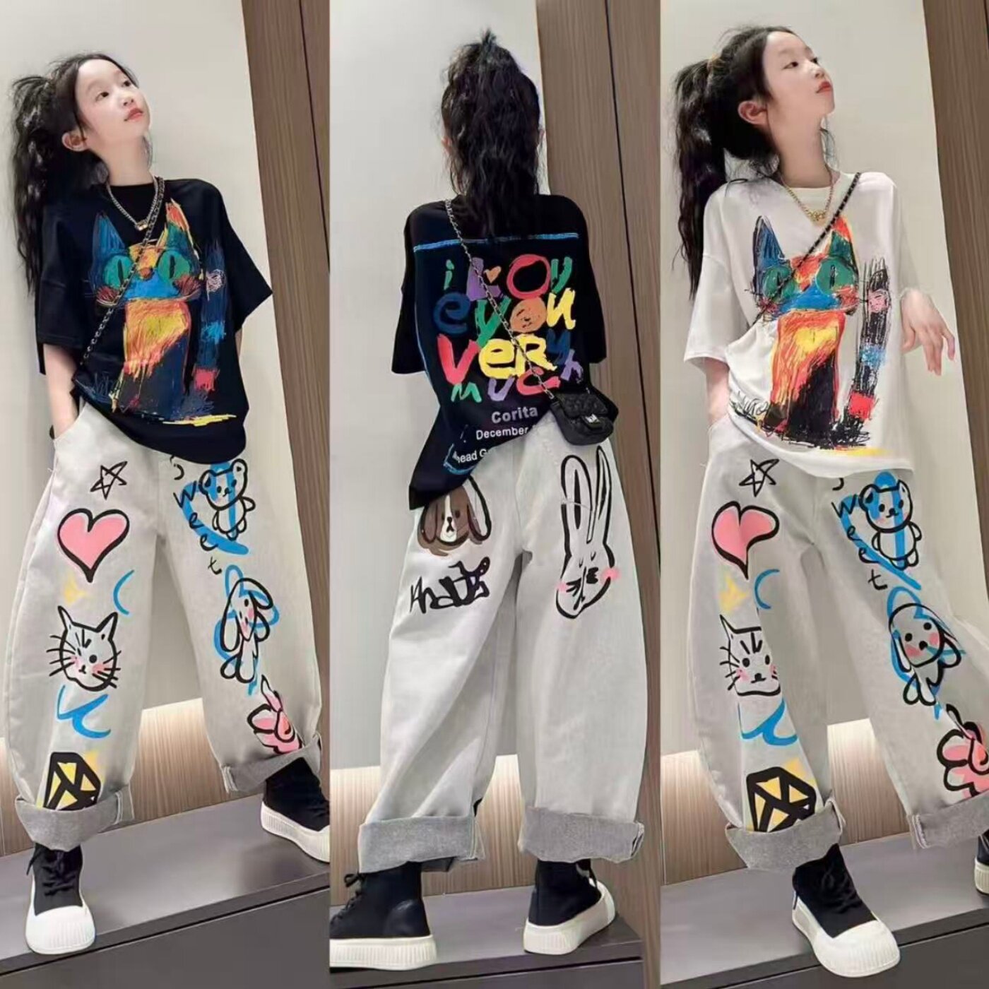 女童夏季酷飒超好看中大童个性印花短袖T恤薄款显宽松牛仔裤套装