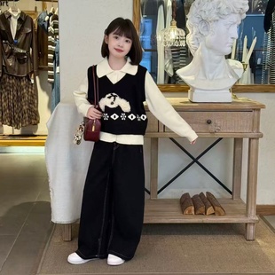 韩系学院风假两件毛衣女童2025秋冬撞色polo针织衫阔腿牛仔裤套装