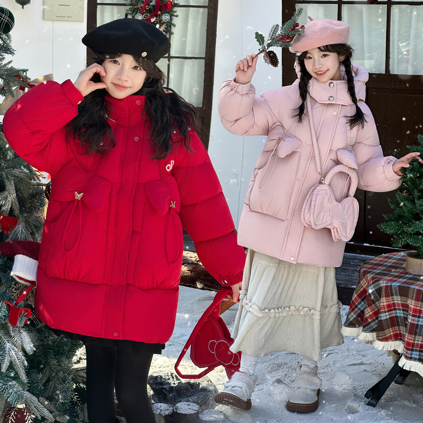 女童新年红棉服冬装带包包洋气加厚中长款羽绒棉衣袄大童保暖外套