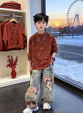 男童春秋套装2026新款儿童韩版酷帅男孩长袖T恤涂鸦牛仔裤两件套