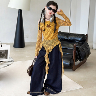 星星格纹流苏长袖上衣女童春秋新款美式爵士舞穿搭高街牛仔裤套装