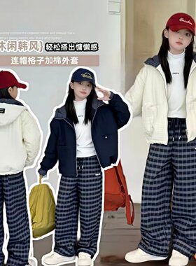 韩版连帽绗棉拼接短款外套女童秋冬新款宽松休闲二棉夹克轻薄棉衣