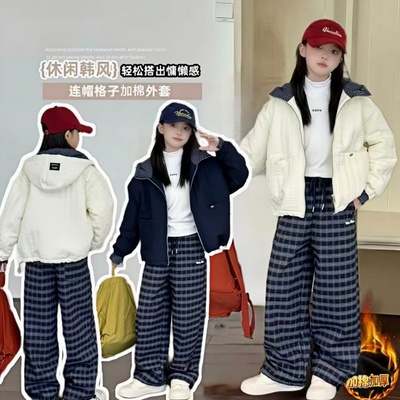韩版连帽绗棉拼接短款外套女童秋冬新款宽松休闲二棉夹克轻薄棉衣