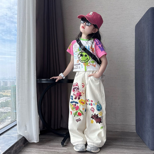 潮酷女童夏季个性涂鸦阔腿直筒裤套装时髦中大童拼色短袖T两件套