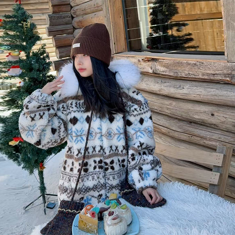 慵懒风费尔岛羊羔毛外套女童冬季洋气大毛领保暖加厚毛绒绒棉衣潮