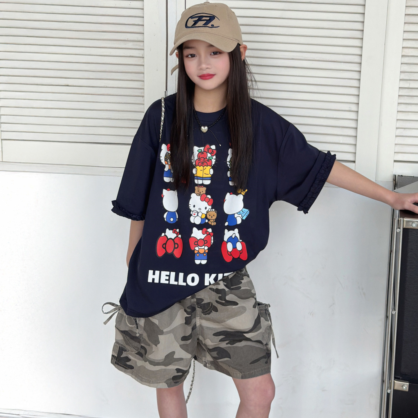 韩系甜美女童夏季短袖T恤2026新款猫咪印花上衣迷彩短裤两件套潮