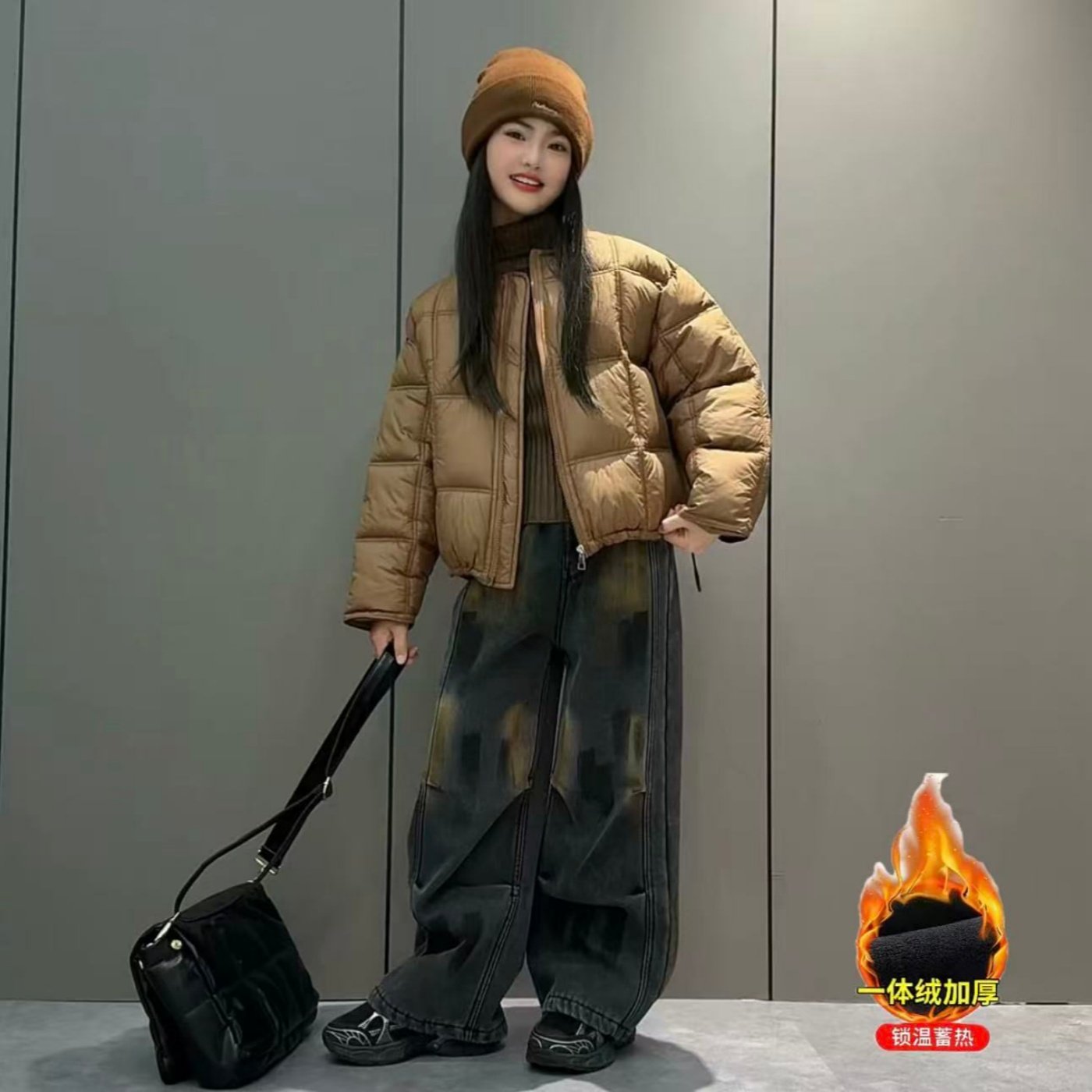 女童冬季新款洋气云朵泡芙棉服外套潮酷儿童个性加绒牛仔裤两件套