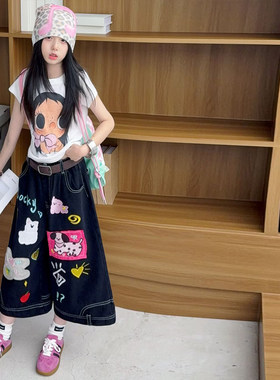 美式小众卡通手绘涂鸦牛仔七分裤女童夏季趣味印花短袖T恤两件套
