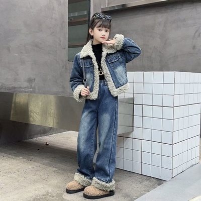 港风复古羊卷毛牛仔套装女童秋冬新款设计感拼接阔腿裤加厚两件套