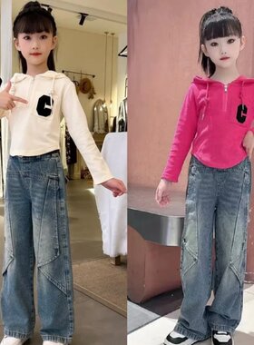 女童韩版字母连帽卫衣套装春秋新款洋气中大童不规则牛仔裤两件套
